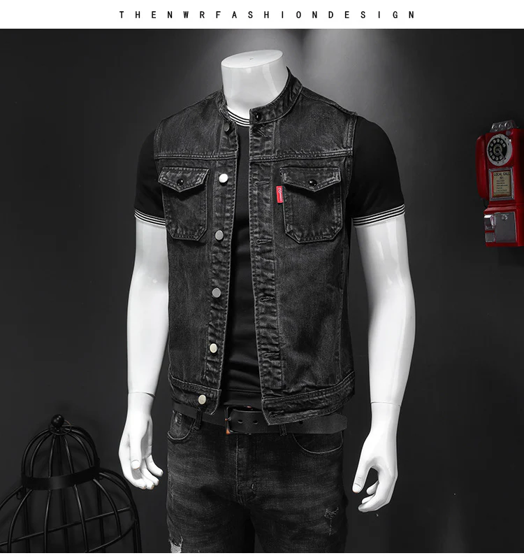 Men's Harley Davidson Team Uniform Black Stand Collar Large Size Denim Vest - Image 3