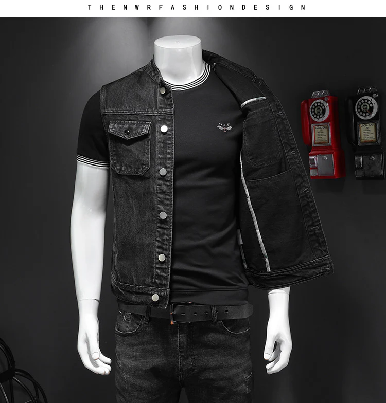 Men's Harley Davidson Team Uniform Black Stand Collar Large Size Denim Vest - Image 4