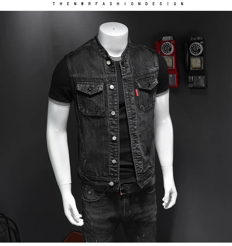 Men's Harley Davidson Team Uniform Black Stand Collar Large Size Denim Vest - Image 5