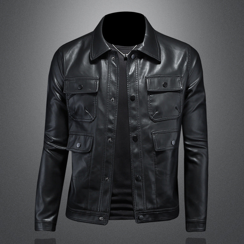 Men's Lapel Leather Motorcycle Jacket - Image 4