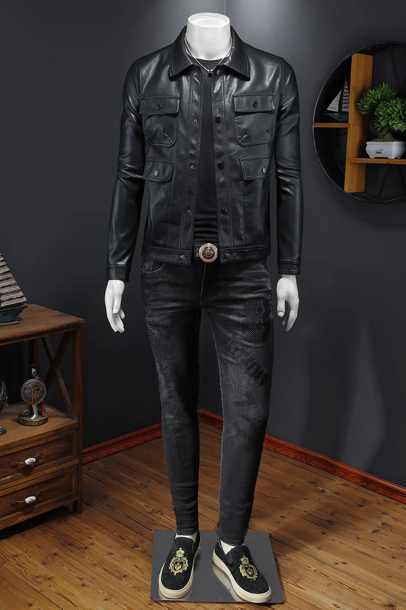 Men's Lapel Leather Motorcycle Jacket - Image 5