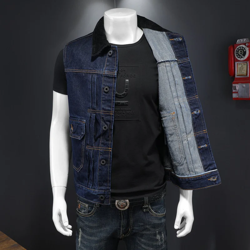 Men's large pocket stitching raw lapel denim vest - Image 4