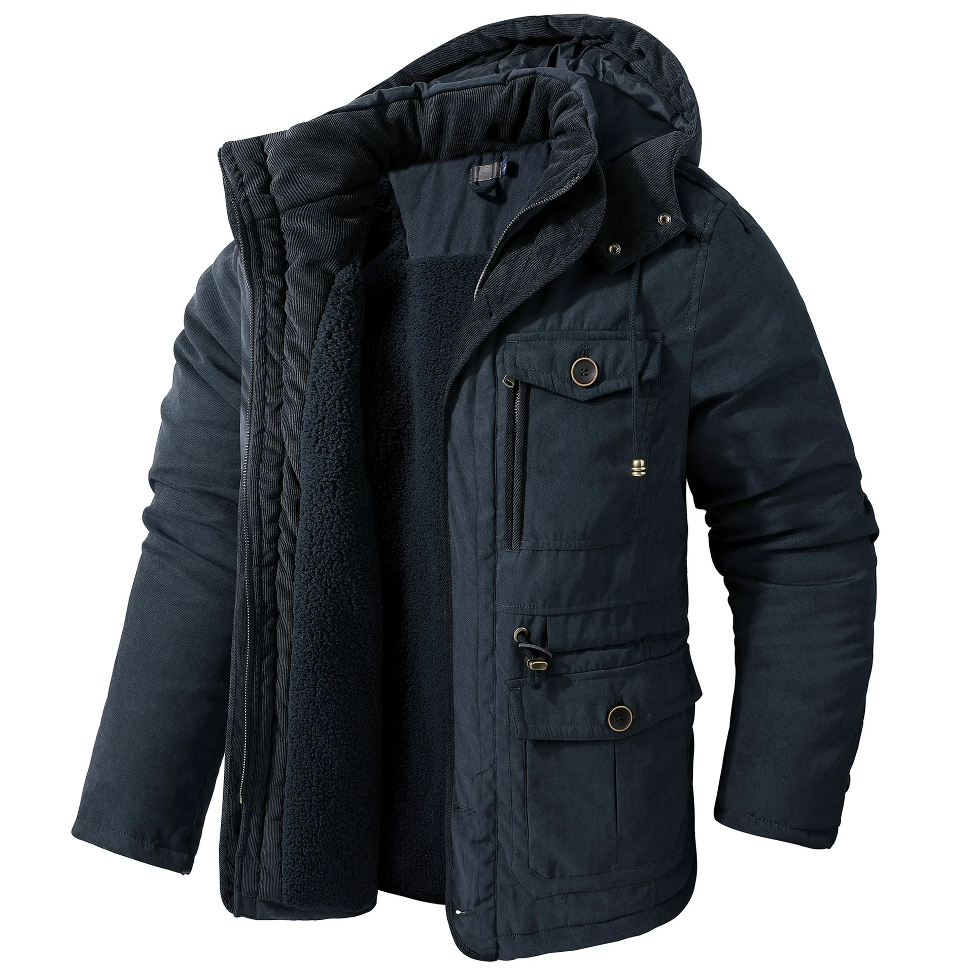 Men's Large Size Lambswool Hooded Cotton Jacket Mid-Length Coat - Image 3