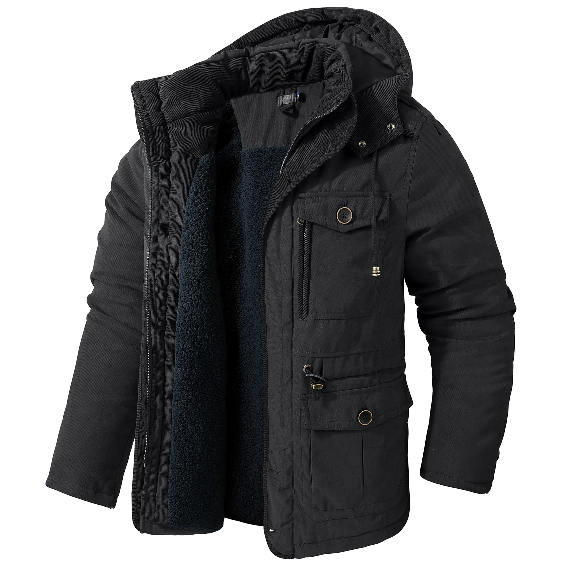Men's Large Size Lambswool Hooded Cotton Jacket Mid-Length Coat - Image 4