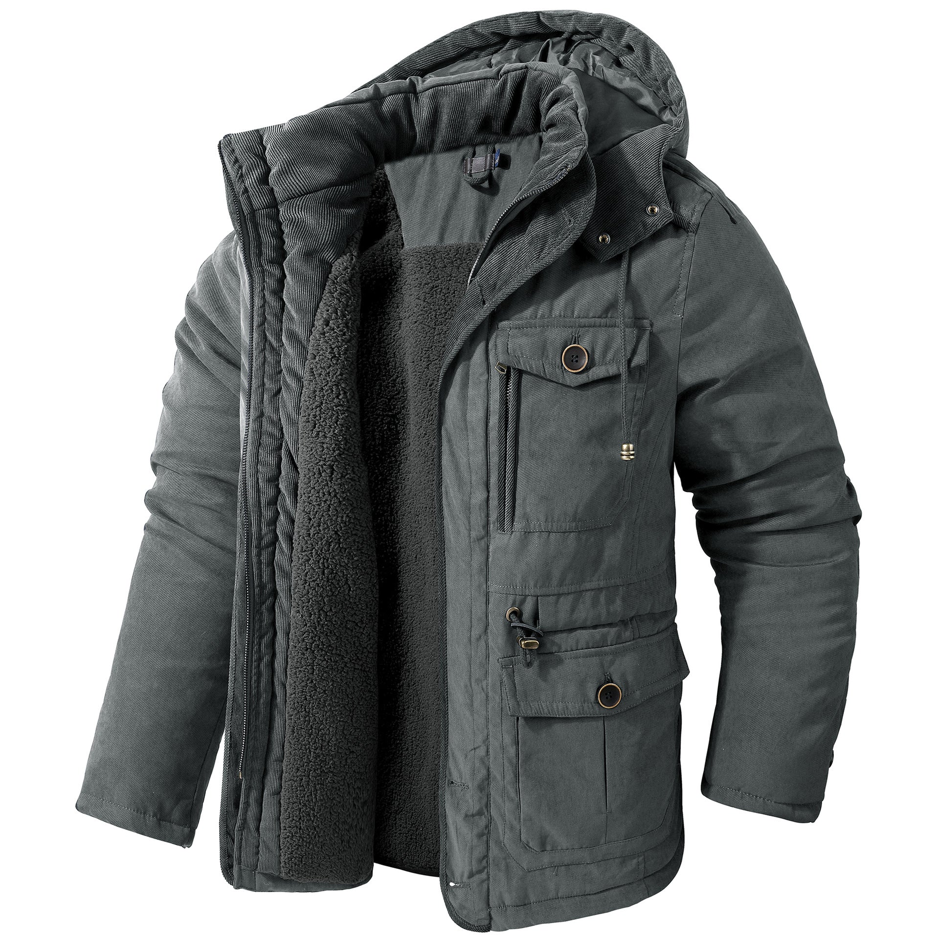 Men's Large Size Lambswool Hooded Cotton Jacket Mid-Length Coat - Image 5