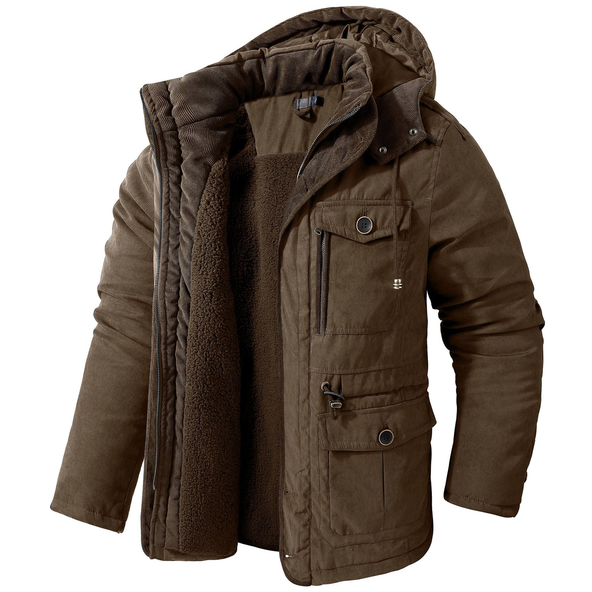 Men's Large Size Lambswool Hooded Cotton Jacket Mid-Length Coat - Image 6