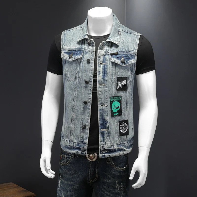 Men's light-colored patch washed denim vest - Image 3
