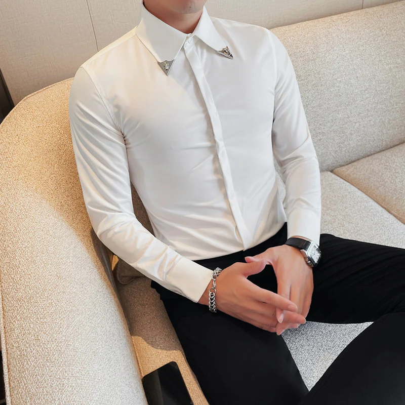 Men's long-sleeved shirt trendy casual handsome slim shirt with concealed button large collar - Image 5