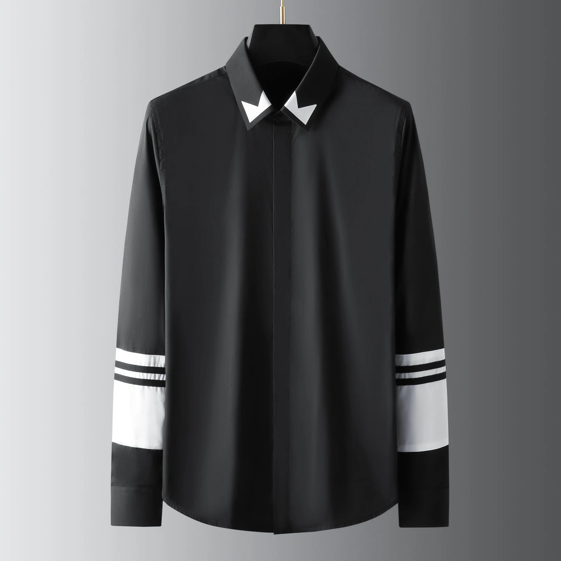 Men's long-sleeved shirt with collar and sleeves in black and white - Image 2