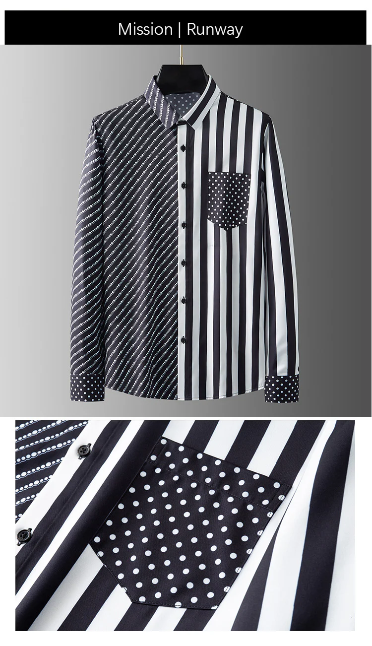 Men's long-sleeved shirt with wrinkle-free diagonal stripes and polka dot print pocket decoration - Image 2