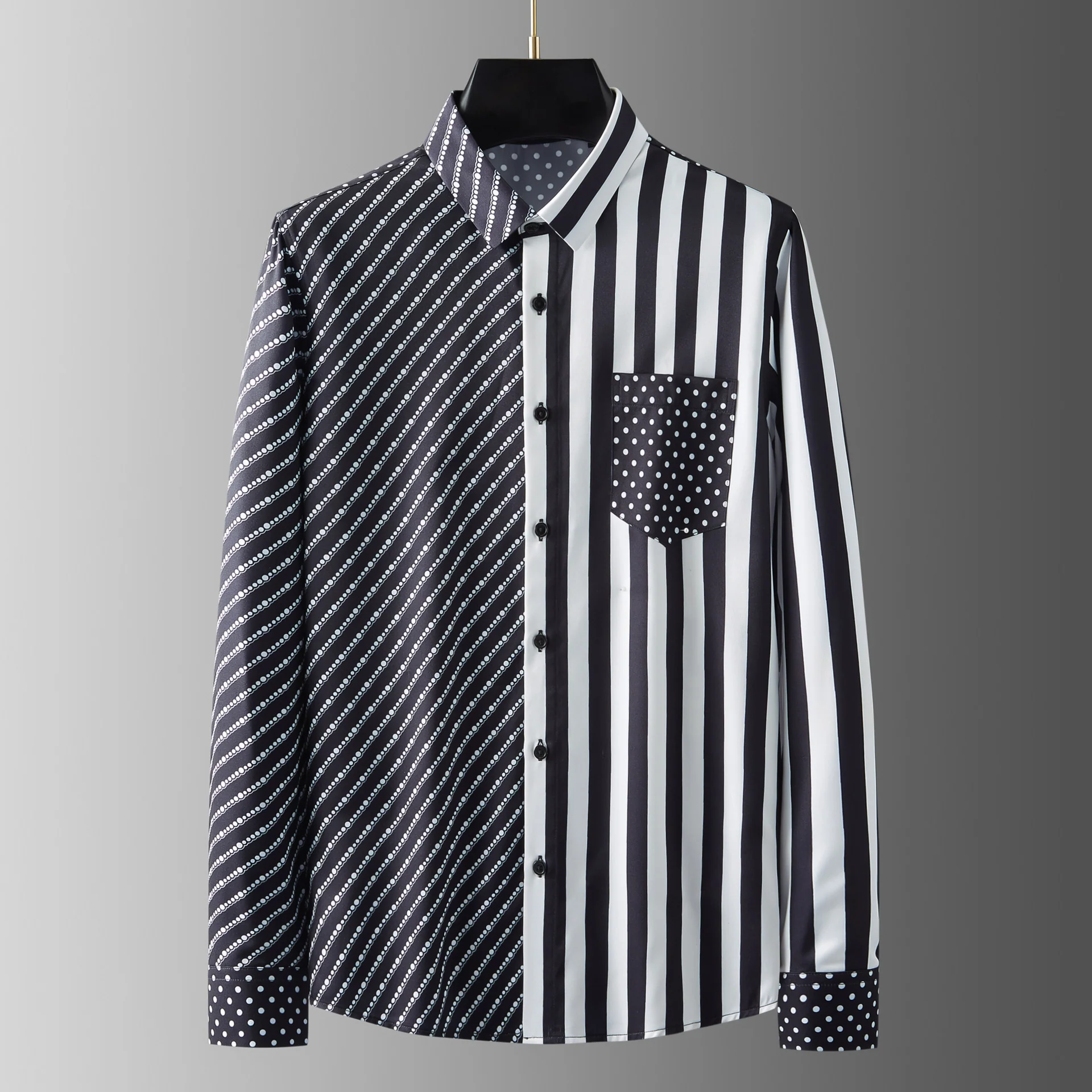 Men's long-sleeved shirt with wrinkle-free diagonal stripes and polka dot print pocket decoration - Image 3