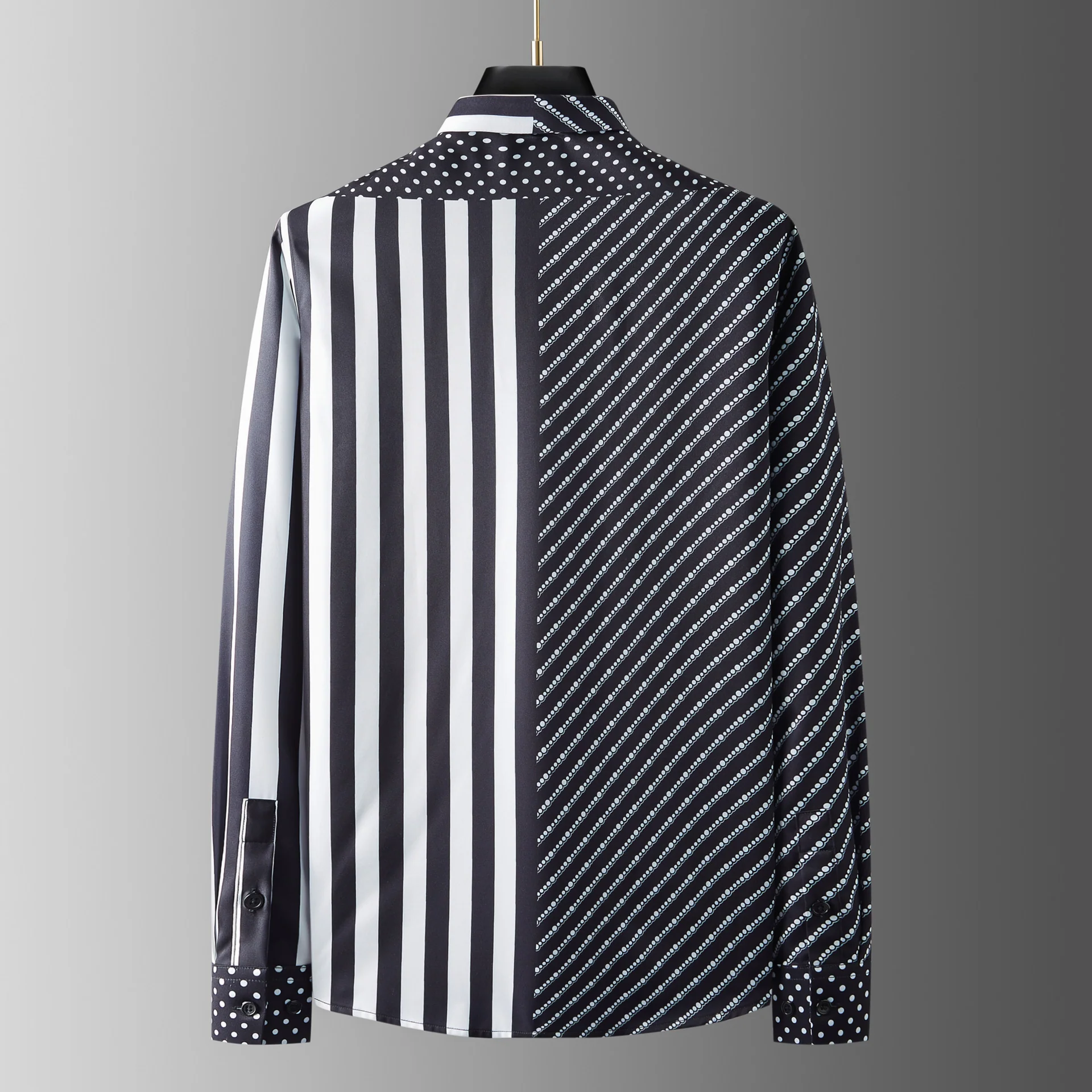 Men's long-sleeved shirt with wrinkle-free diagonal stripes and polka dot print pocket decoration - Image 4