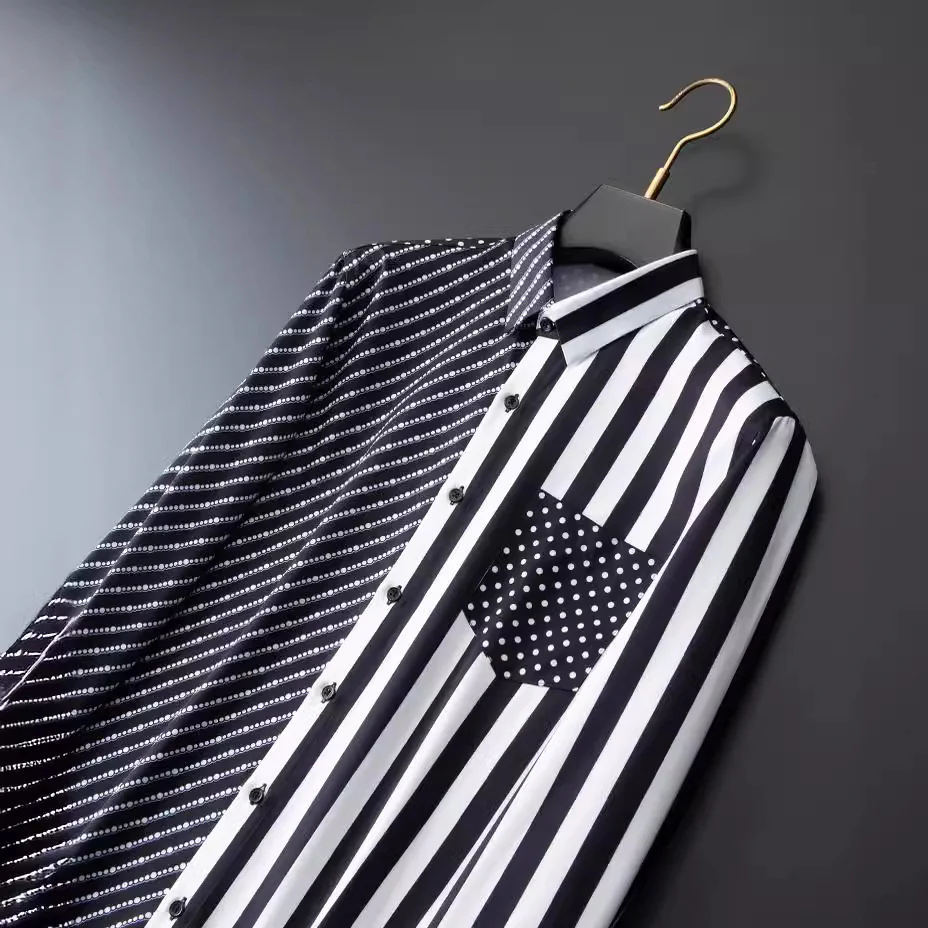 Men's long-sleeved shirt with wrinkle-free diagonal stripes and polka dot print pocket decoration - Image 5