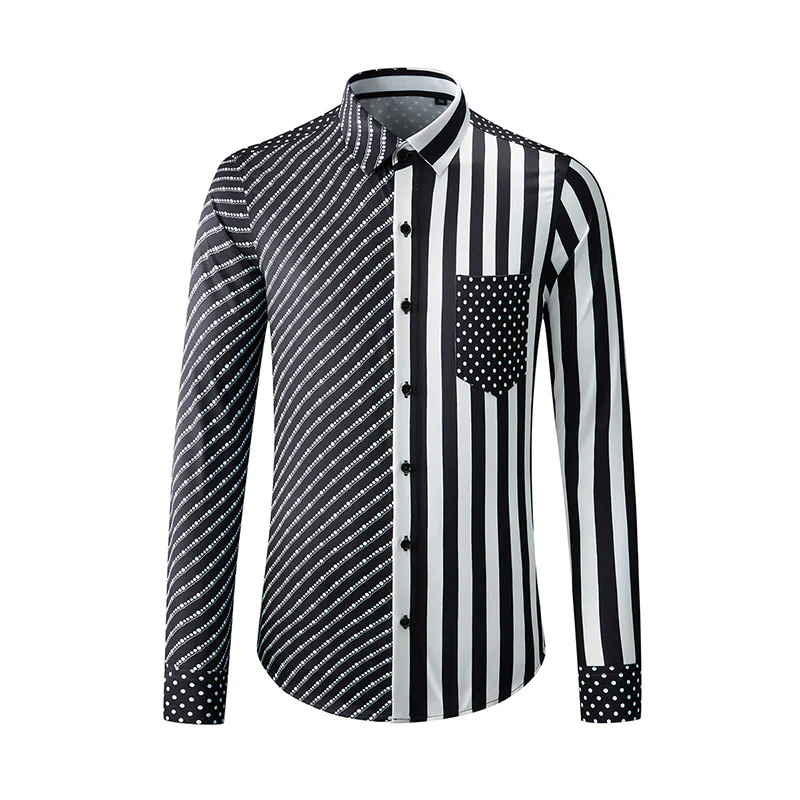 Men's long-sleeved shirt with wrinkle-free diagonal stripes and polka dot print pocket decoration - Image 7