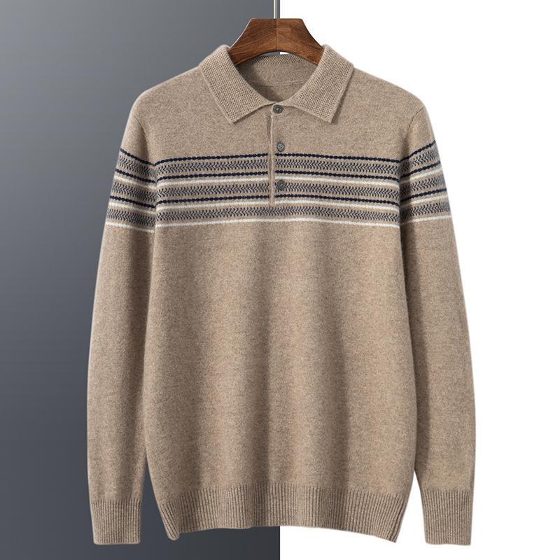 Men's Polo Shirt Collar Cashmere Sweater Fashion Jacquard Striped Sweater Loose Pullover Knitted Bottoming Shirt Top - Image 3