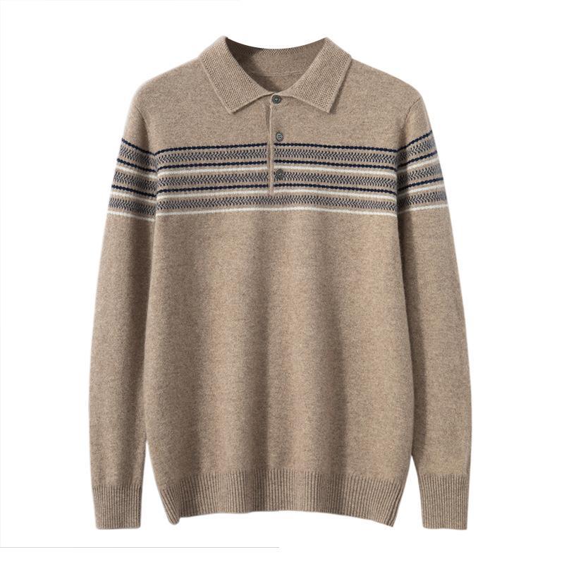 Men's Polo Shirt Collar Cashmere Sweater Fashion Jacquard Striped Sweater Loose Pullover Knitted Bottoming Shirt Top - Image 5