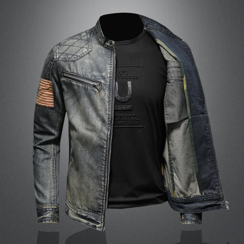 Men's spring denim jacket with stand collar and zipper - Image 3