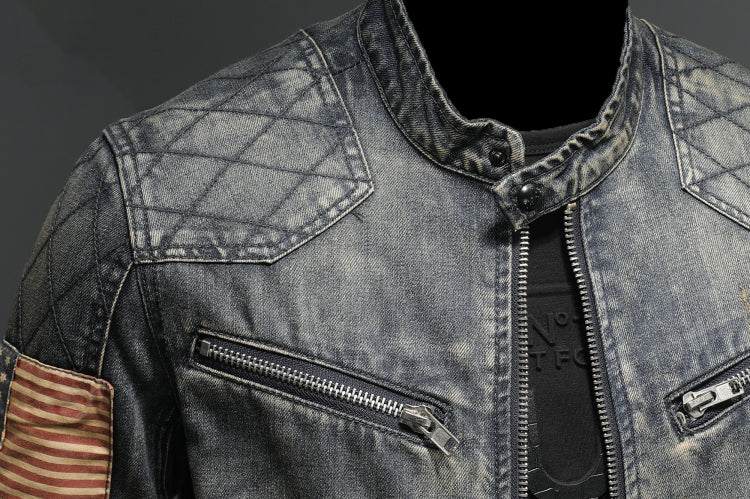 Men's spring denim jacket with stand collar and zipper - Image 4