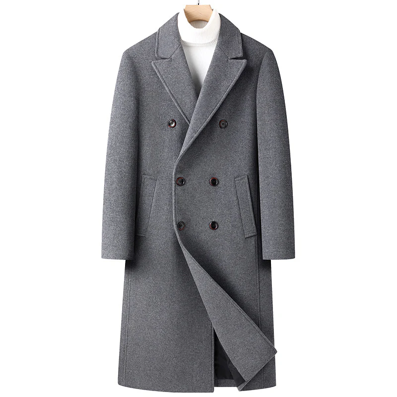 Men's woolen coat, knee-length, double-breasted, slanted pockets, business casual wool coat - Image 3