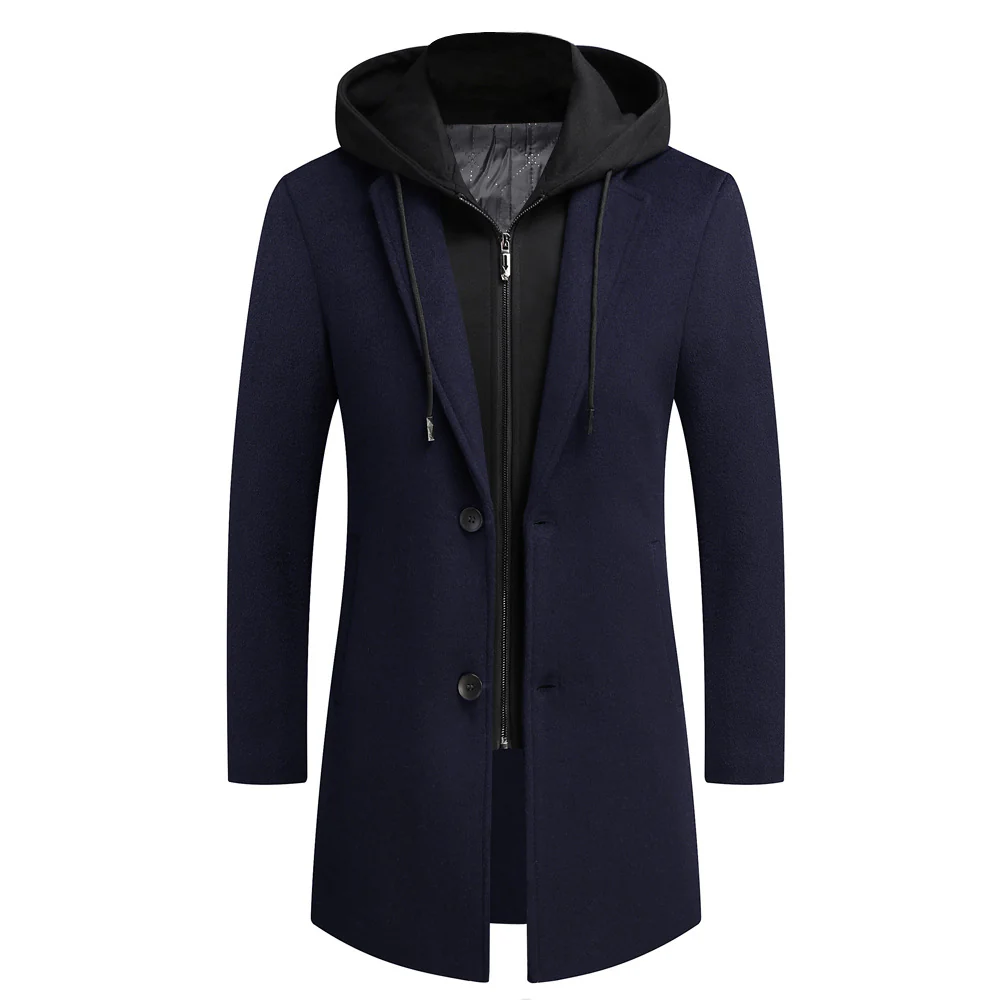 Men's woolen coat mid-length double collar detachable hood woolen coat - Image 3