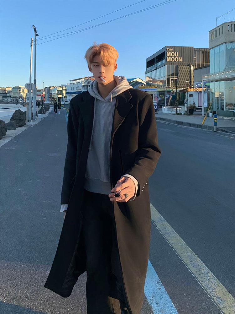 Men's woolen coat mid-length spring and autumn black over-knee padded windbreaker - Image 4
