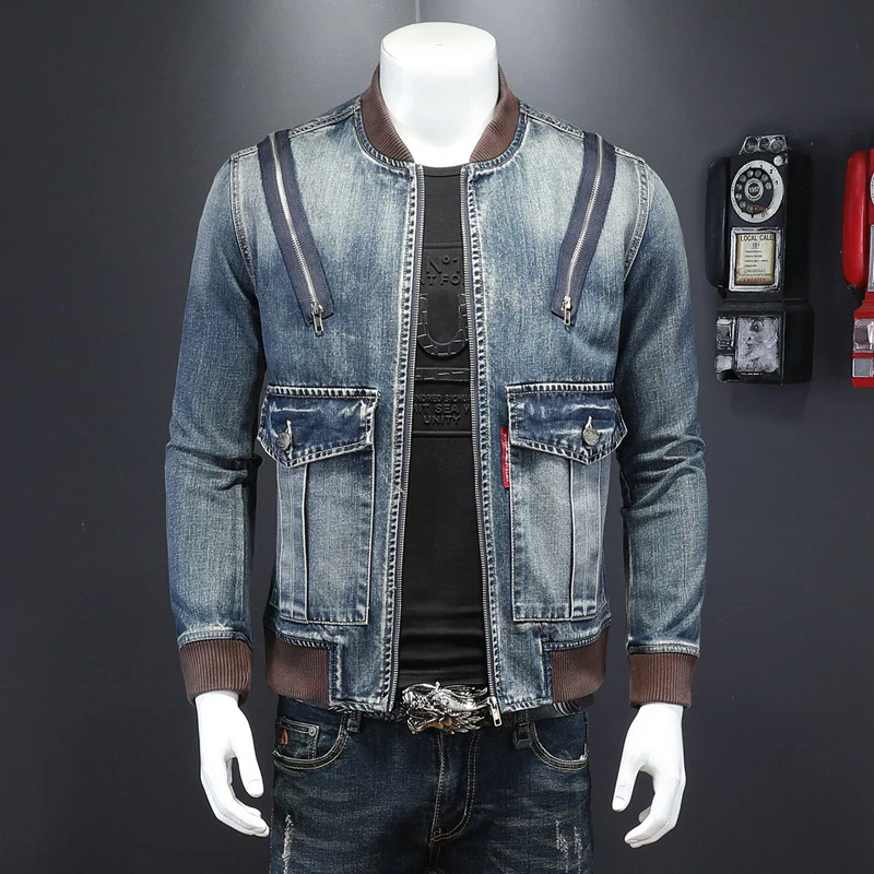 Men's zipper baseball collar denim jacket