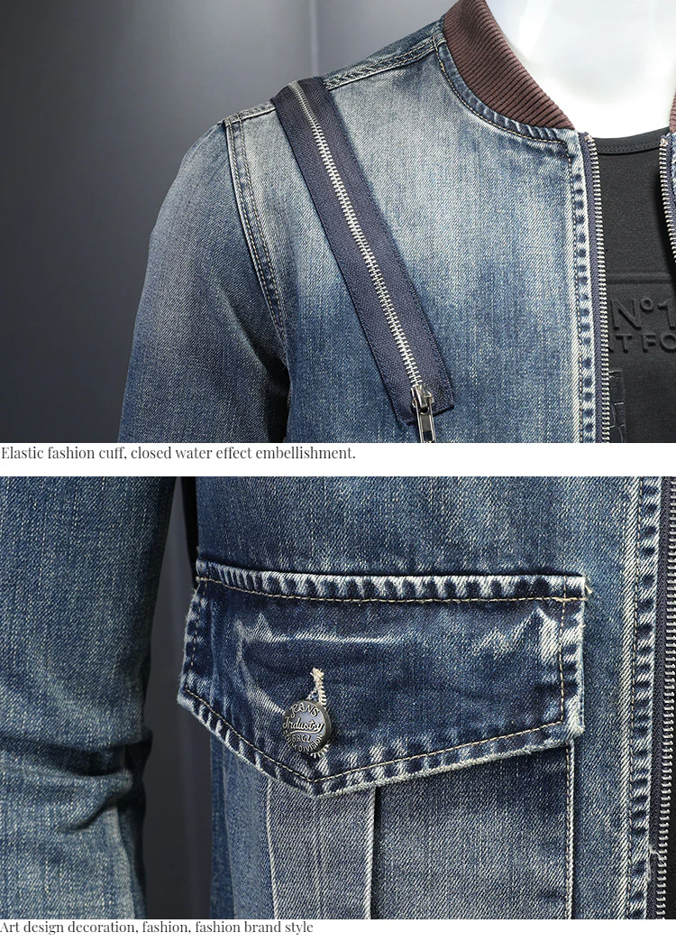 Men's zipper baseball collar denim jacket - Image 3