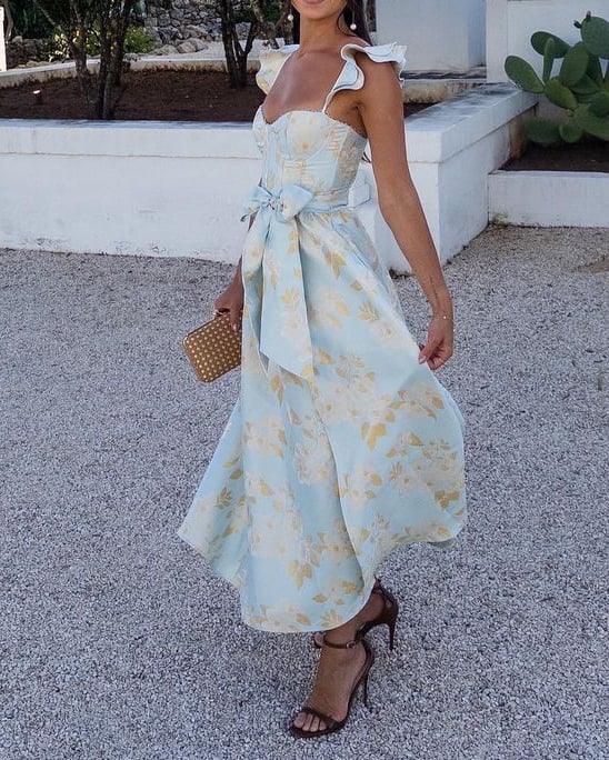 Butterfly Sleeve Printed Waist Tie Dress - Image 2