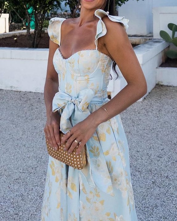 Butterfly Sleeve Printed Waist Tie Dress - Image 3