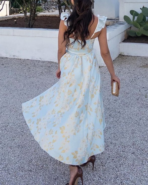 Butterfly Sleeve Printed Waist Tie Dress - Image 4