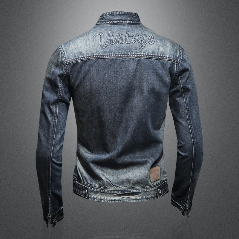 Personalized Stand Collar Motorcycle Denim Jacket Embossed Denim Clothing - Image 2