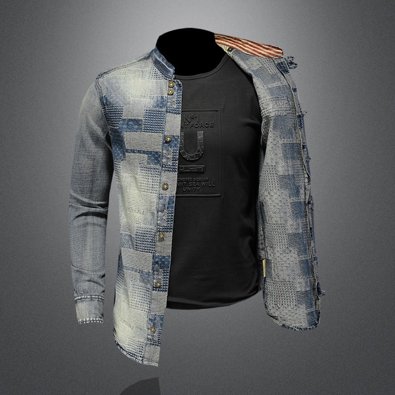 Retro personalized patchwork denim shirt punk shirt men - Image 3