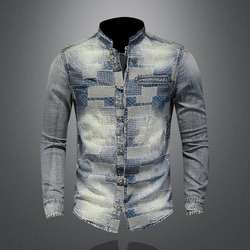 Retro personalized patchwork denim shirt punk shirt men - Image 4