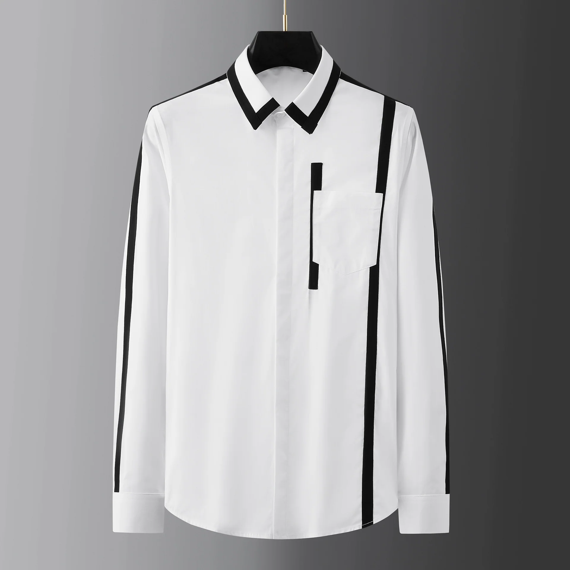 Ribbon stitching craft pocket decoration trendy handsome long-sleeved shirt - Image 3