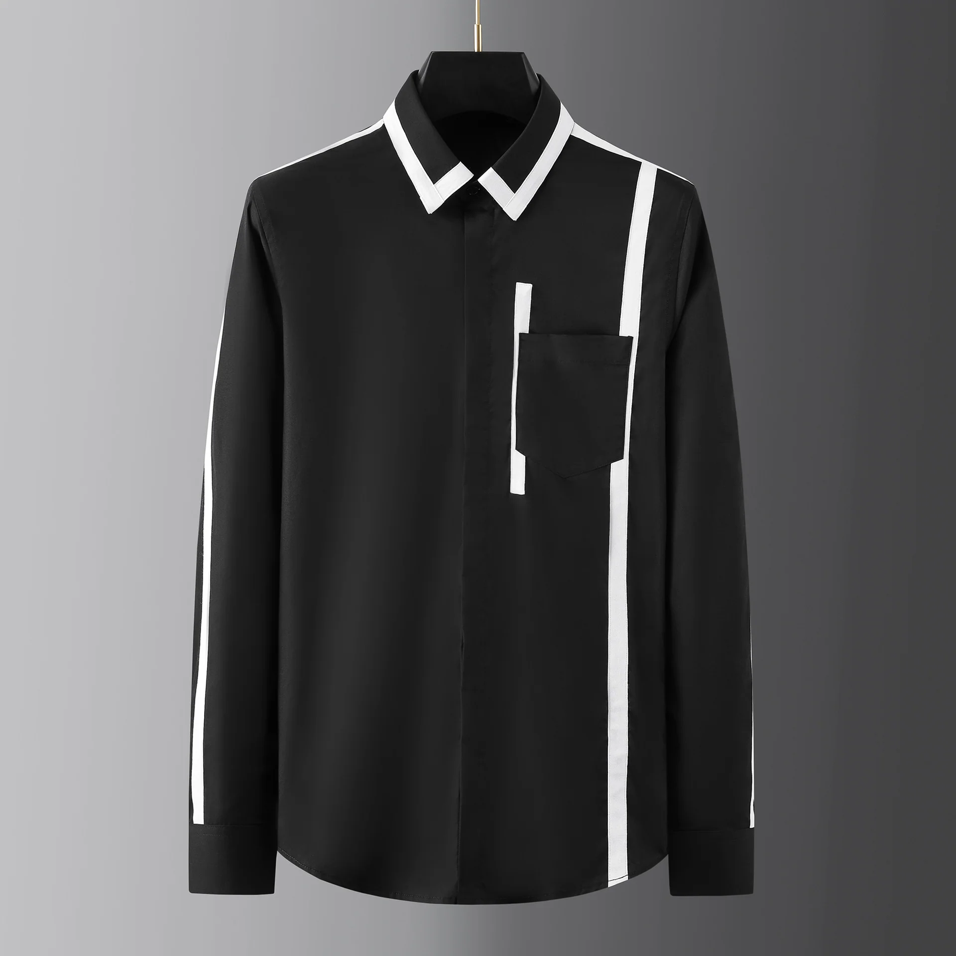 Ribbon stitching craft pocket decoration trendy handsome long-sleeved shirt - Image 4