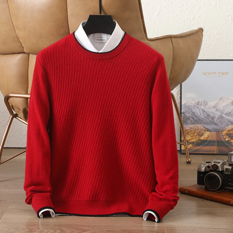 Round Neck Men's Cashmere Sweater Fashionable Colorblock Outerwear Knitted Sweater Warm Sweater Bottoming Shirt - Image 4