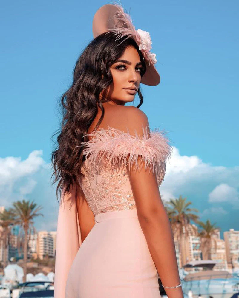 sequined feather one-shoulder pink evening dress for ladies elegant sexy nightclub pants jumpsuit - Image 3