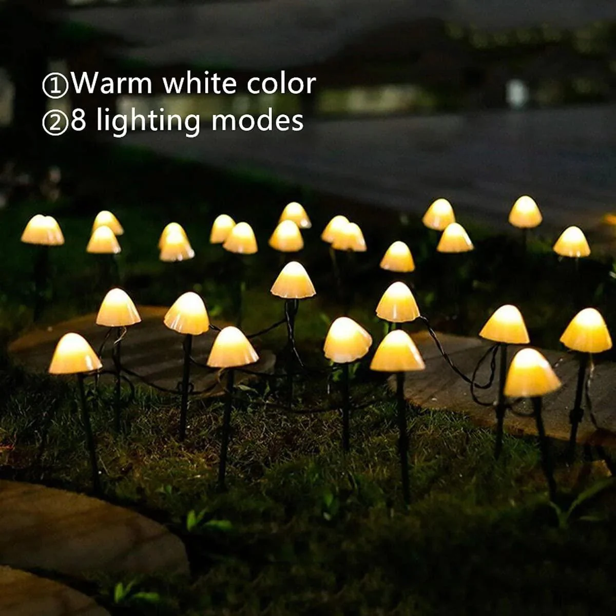 8 Functions - 12-20 Pieces Set of Four Colors/Warm White Mini Mushroom Solar Lights - Image 12