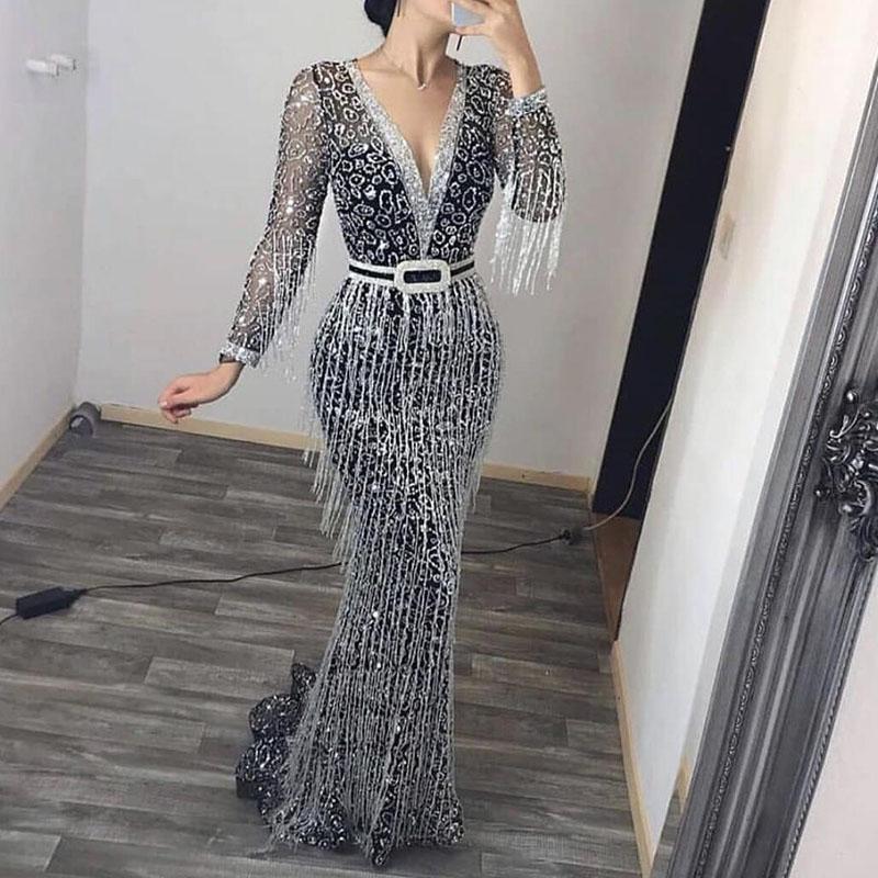 Sexy Deep V Long Sleeve Sequined Tassel Evening Gown - Image 2
