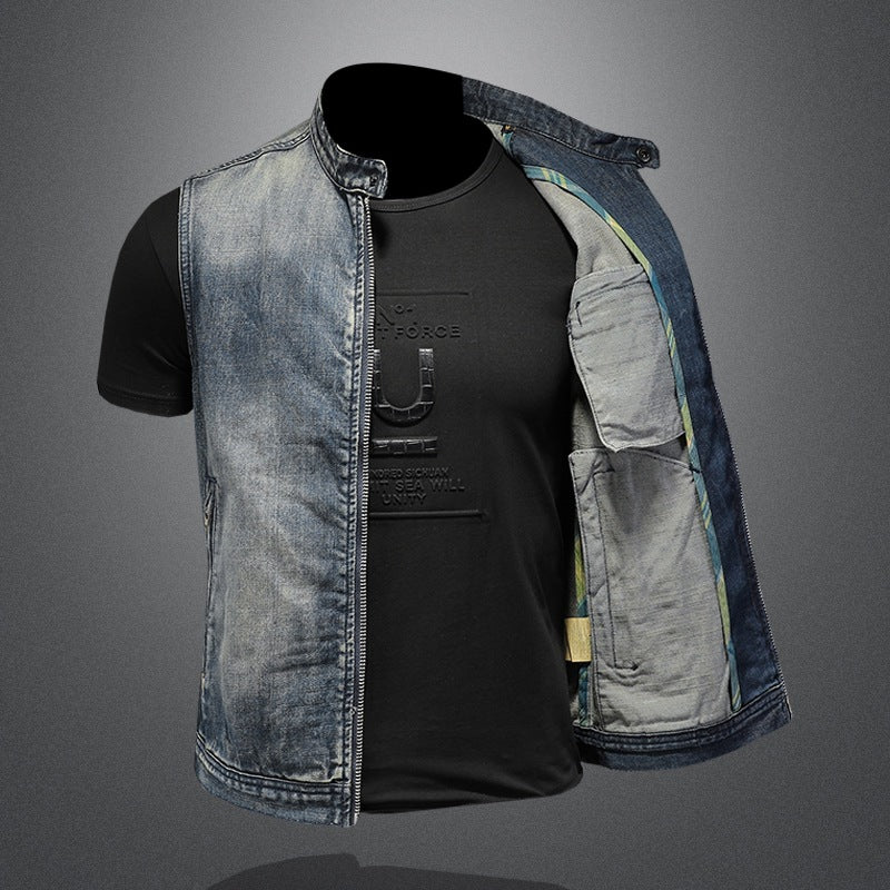 Sexy stand collar denim vest Zipper simple retro trend denim vest for men - Image 3