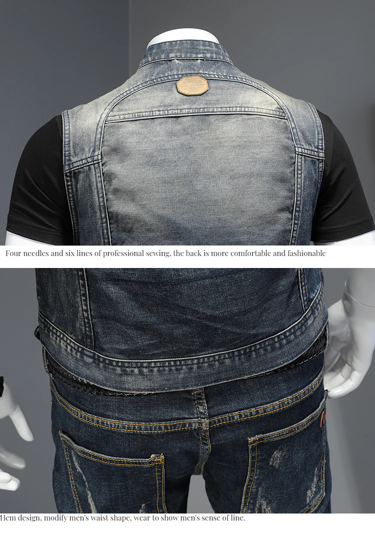 Sexy stand collar denim vest Zipper simple retro trend denim vest for men - Image 5