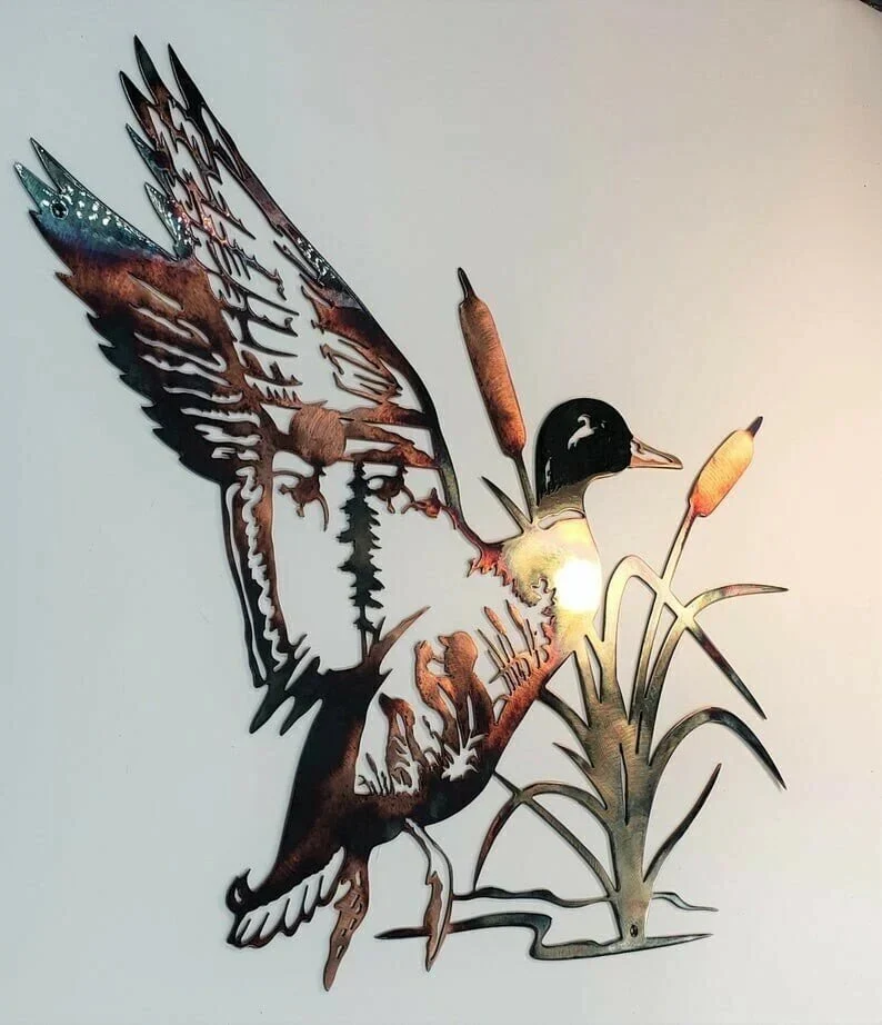 Solo Mallard Hunting & Trout Fishing Scene Metal Wall Art - Image 2