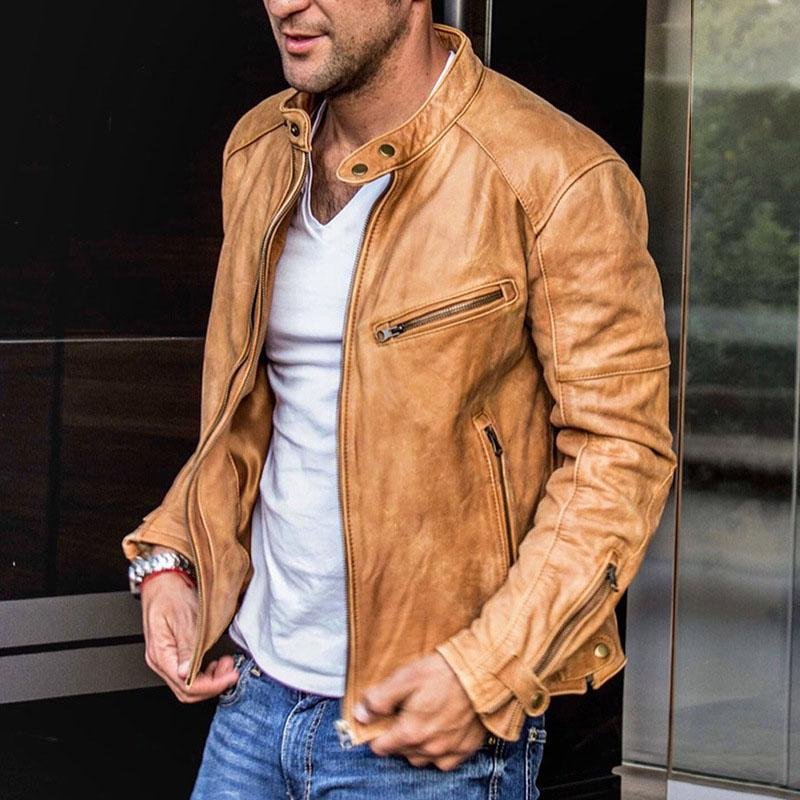 Stand-up collar Leather Jacket - Image 4