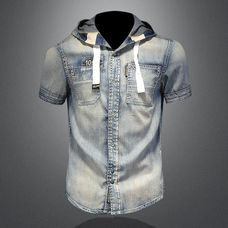 Summer trend men's short-sleeved hooded denim casual shirt retro slim handsome casual - Image 4