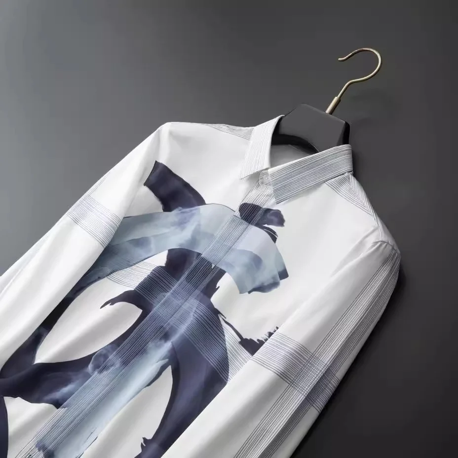 Vertical ink splash letter positioning printing men's long sleeve shirt - Image 3