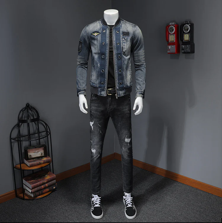 Vintage Stand Collar Men's Flight Suit Denim Jacket Men's Coat - Image 2