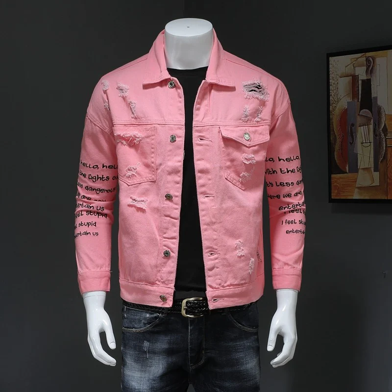 White and pink denim jacket Men's versatile trendy denim print jacket - Image 3